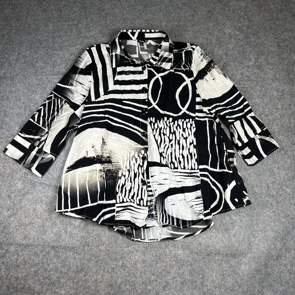 Shana Top Womens XL Black White Abstract Art To Wear Button Down Blouse Pockets